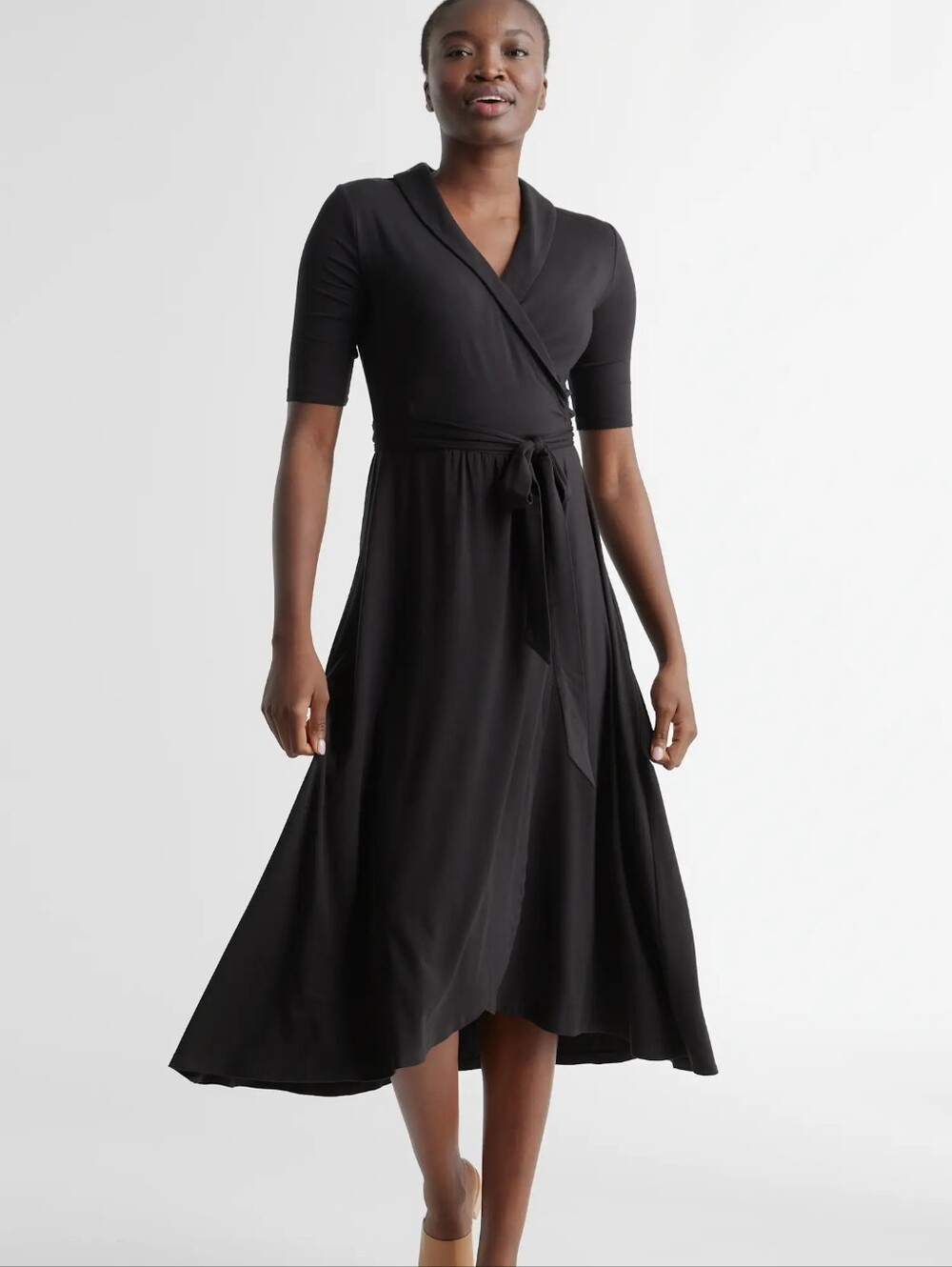 Qiince Tencel Elegant Black Wrap Midi Dress with Tie Waist Large NWT
